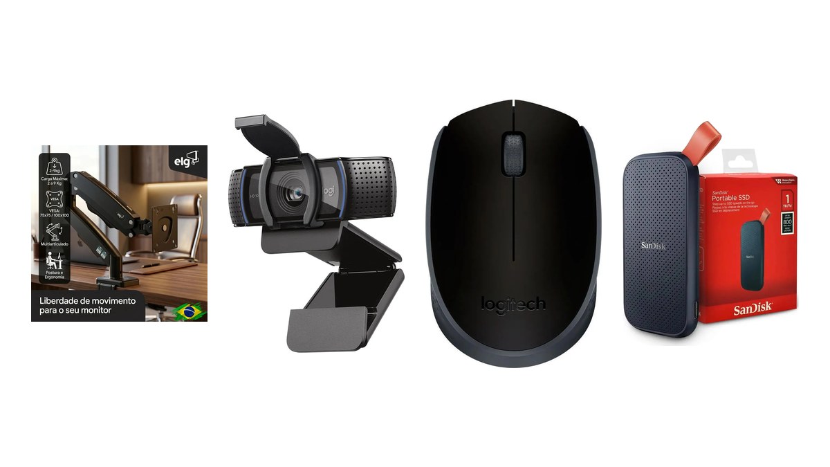 Must have para home office: Suporte articulado, Webcam Full HD, Mouse sem fio, SSD portátil