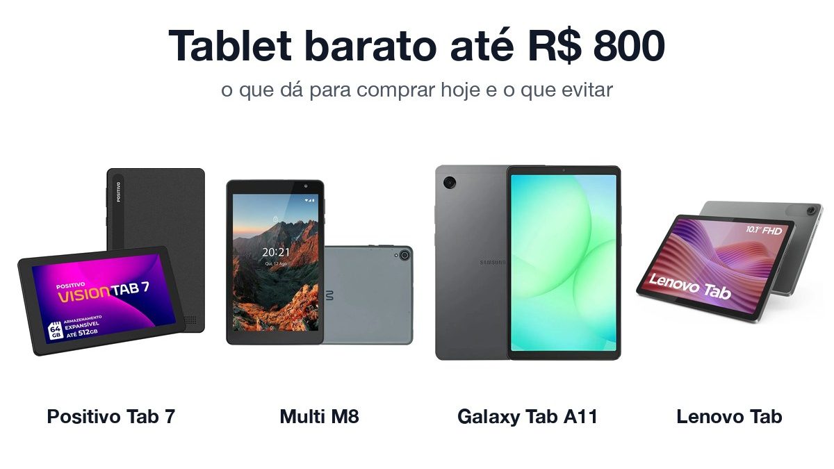 Tablets Positivo Vision Tab 7, Multi M8, Galaxy Tab A11 e Lenovo Tab lado a lado