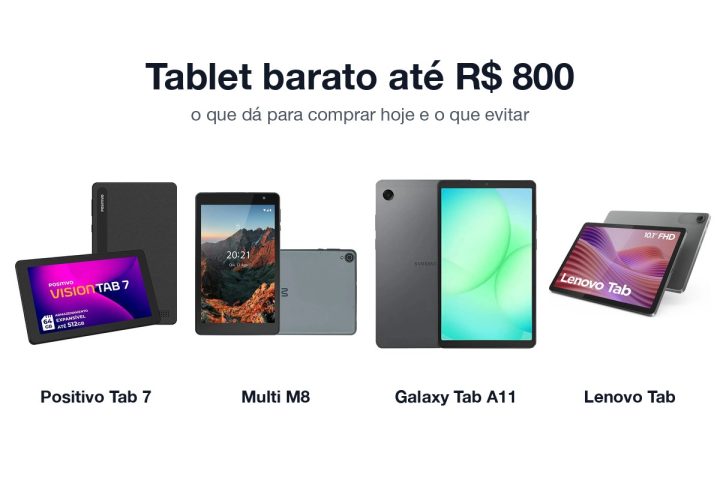 Tablets Positivo Vision Tab 7, Multi M8, Galaxy Tab A11 e Lenovo Tab lado a lado