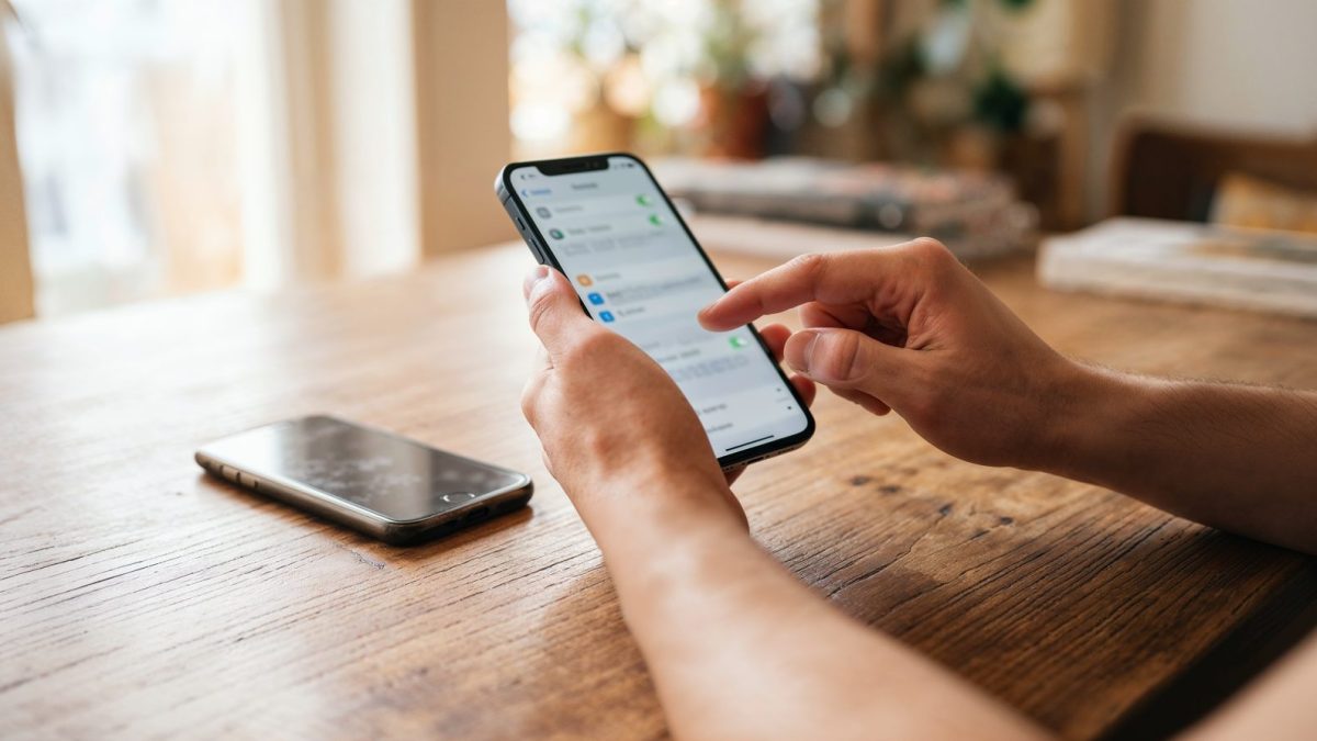Pessoa configurando o celular novo ao lado do aparelho antigo para transferir o eSIM