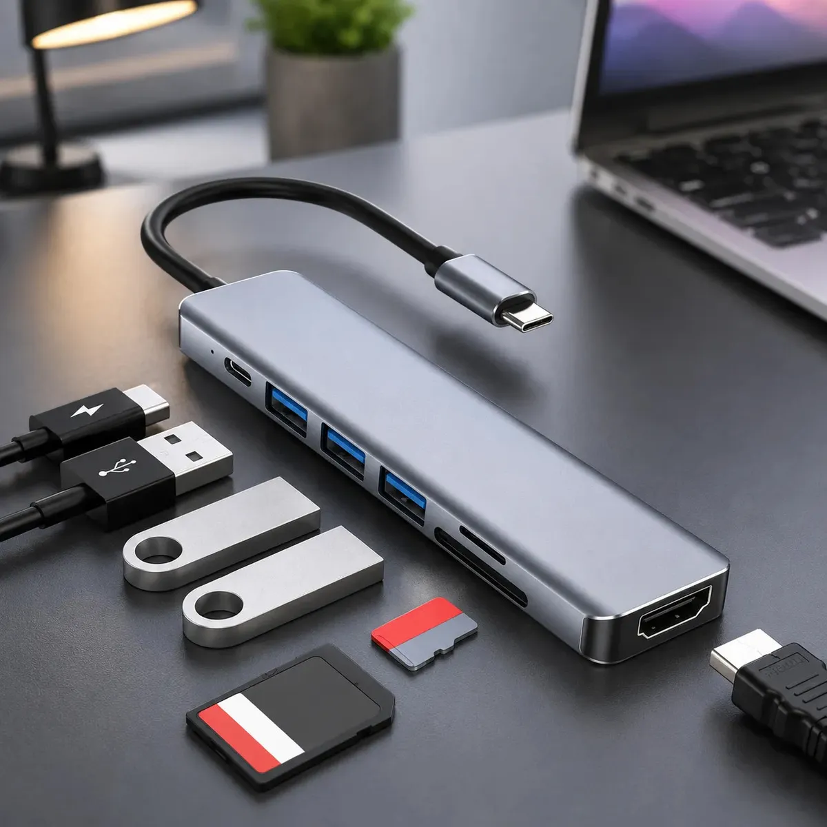 Hub Usb C 7 Em 1 Com Hdmi 4k 3 Usb 3.0 Cartão De Memoria Tf Pd Adaptador Para Notebook Celular Laptop Macbook
