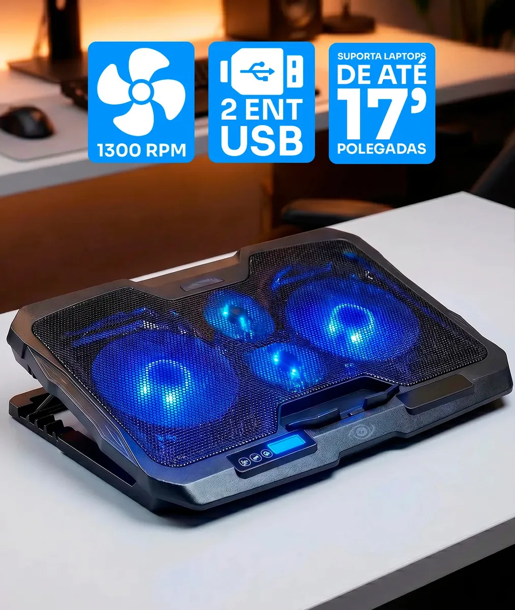 Suporte para Notebook Laptop Good Vision com base de refrigeração Cooler de 4 fans Potentes Vetilação Ultra Silenciosa com LED USB Altura Aj