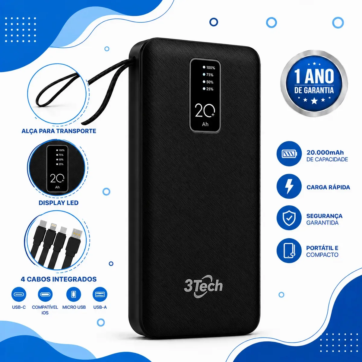 Power Bank 20000mah Carregador Portátil 4 Cabos Integrados Visor Digital Lanterna Led Usb Tipo C Compatível iPhone Samsung Xiaomi Android Ba