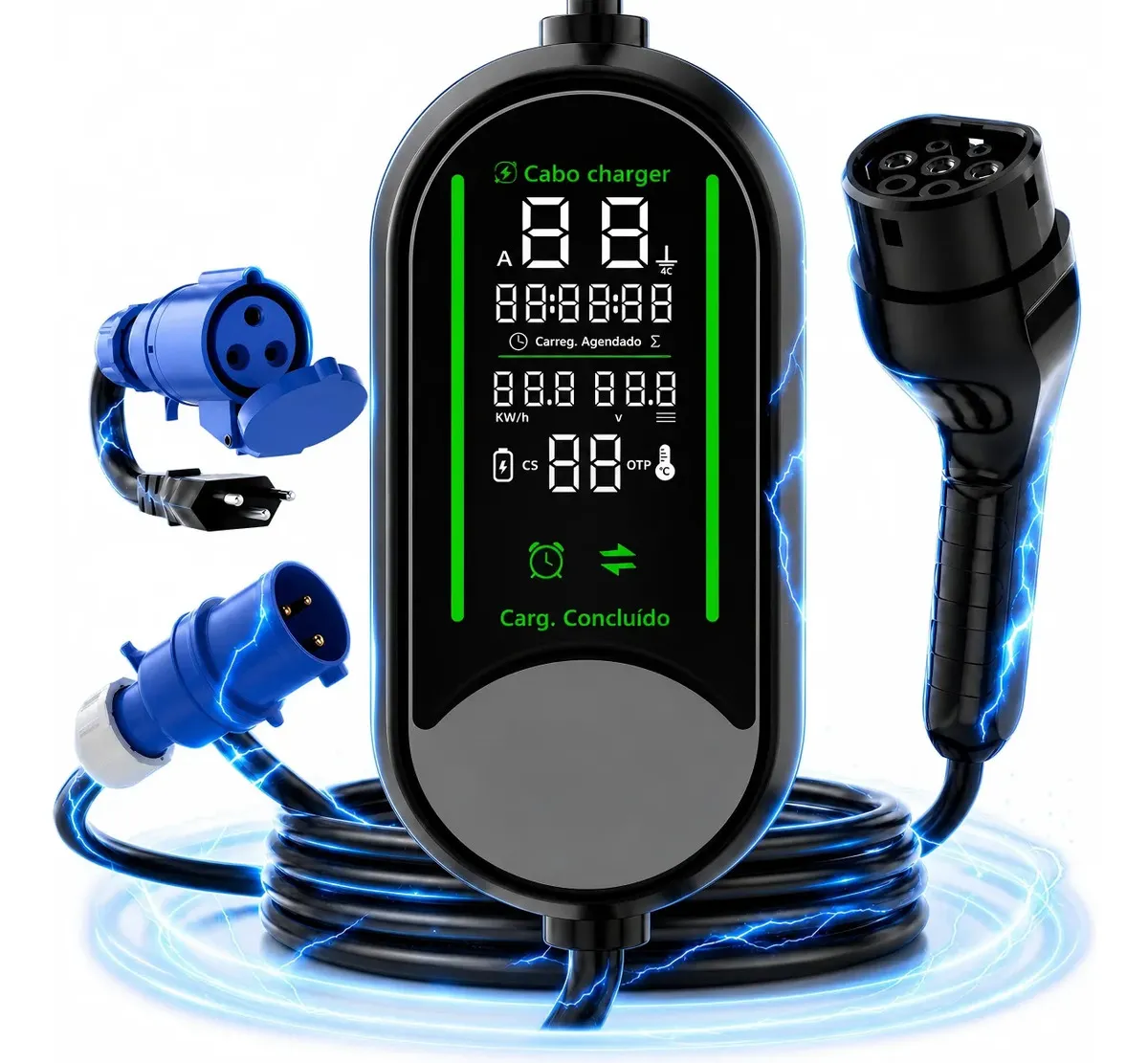 7kw 32a Carregador Veicular Elétrico Portátil Tipo 2 Bivolt 110-220v Tela Lcd Grande Corrente Ajustável 10a/16a/24a/32a Cabo 5m Kuerl Recarg