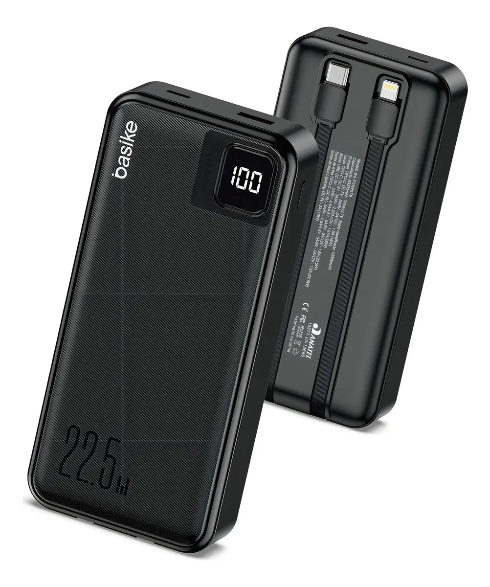 Power Bank Basike 20000mAh Preto, Carga Rápida 22.5W para iPhone e Samsung, Com Cabos Embutidos e Display