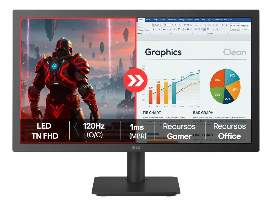Monitor LG FHD Home & Office 22”, 1ms (MBR), 120Hz (O/C), Modo leitura, Flicker Safe, HDMI, LG Switch, Black Stabilizer, Dynamic Action Sync