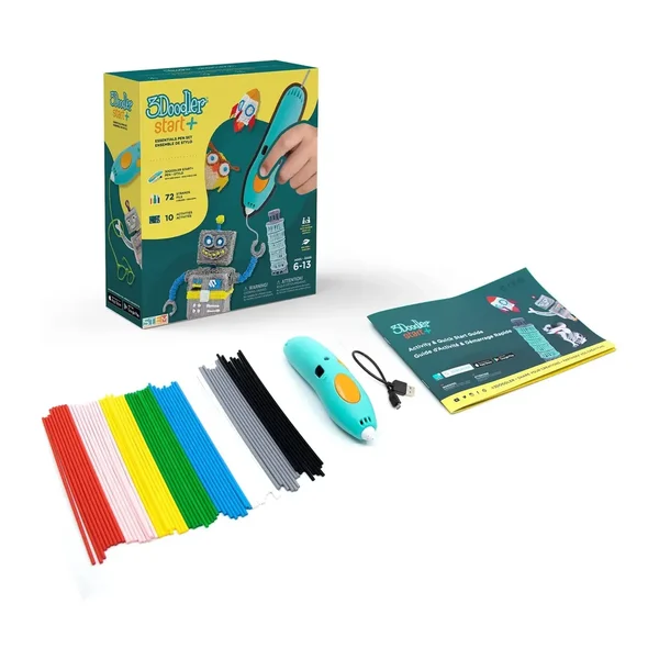 Caixa da caneta 3Doodler Start+ com a caneta azul-turquesa, o cabo e bastões de plástico coloridos