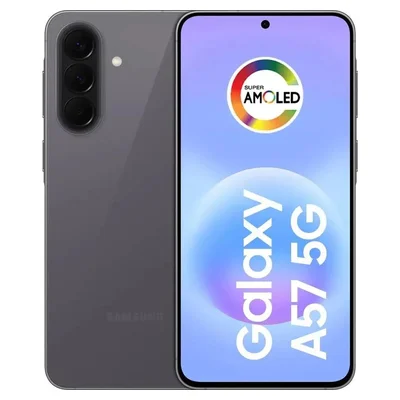 Samsung Galaxy A57 5G cinza, de frente e de costas, com três câmeras traseiras