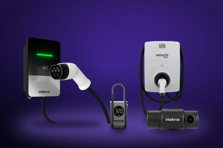Wallbox Intelbras e WEG, calibrador portátil e câmera veicular Intelbras sobre fundo violeta