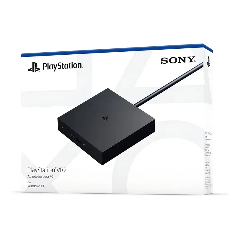 Caixa do adaptador de PC do PlayStation VR2 com o adaptador preto quadrado ao lado