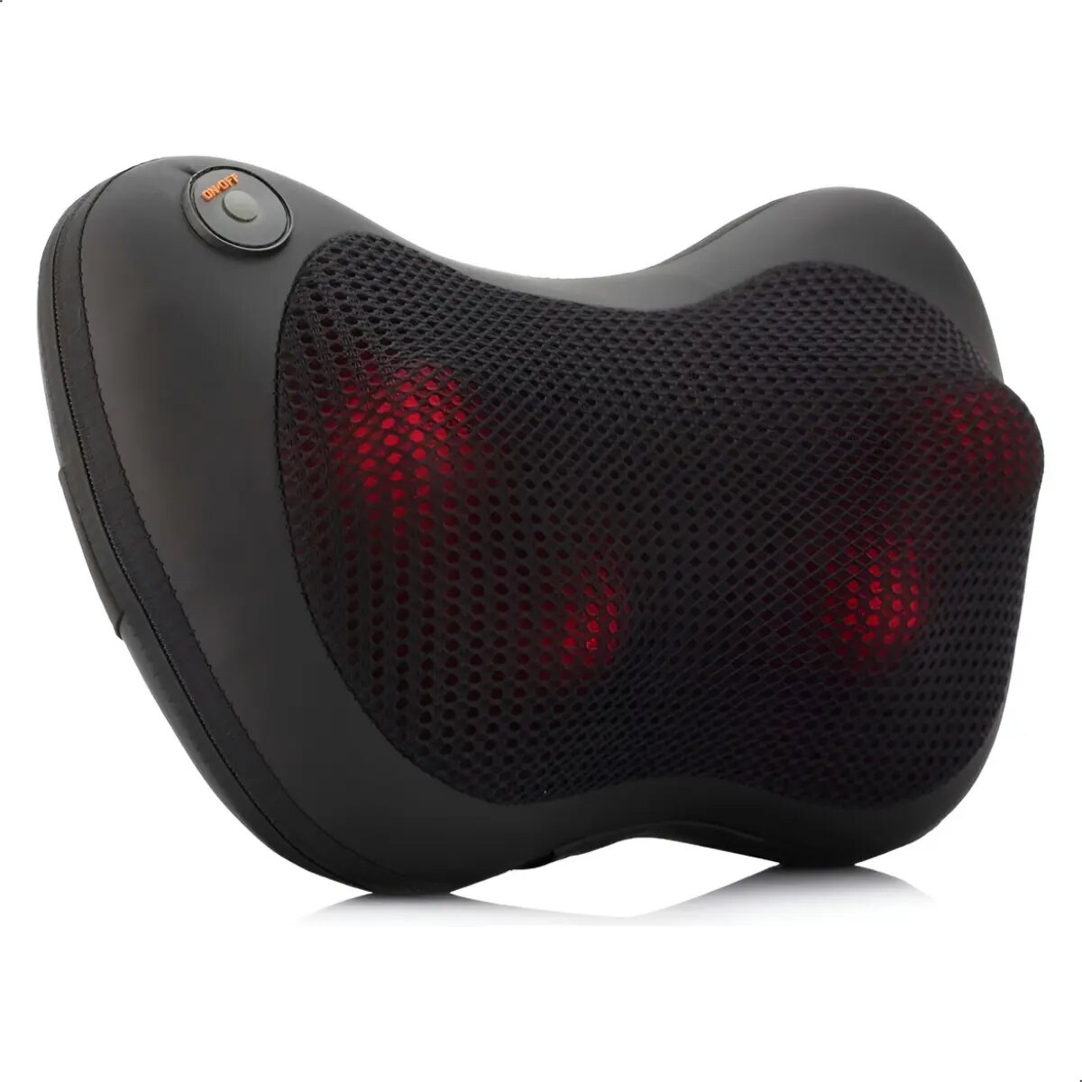 Almofada massageadora shiatsu preta, quatro nós vermelhos sob a tela e botão ON/OFF, foto do catálogo MLB37029364