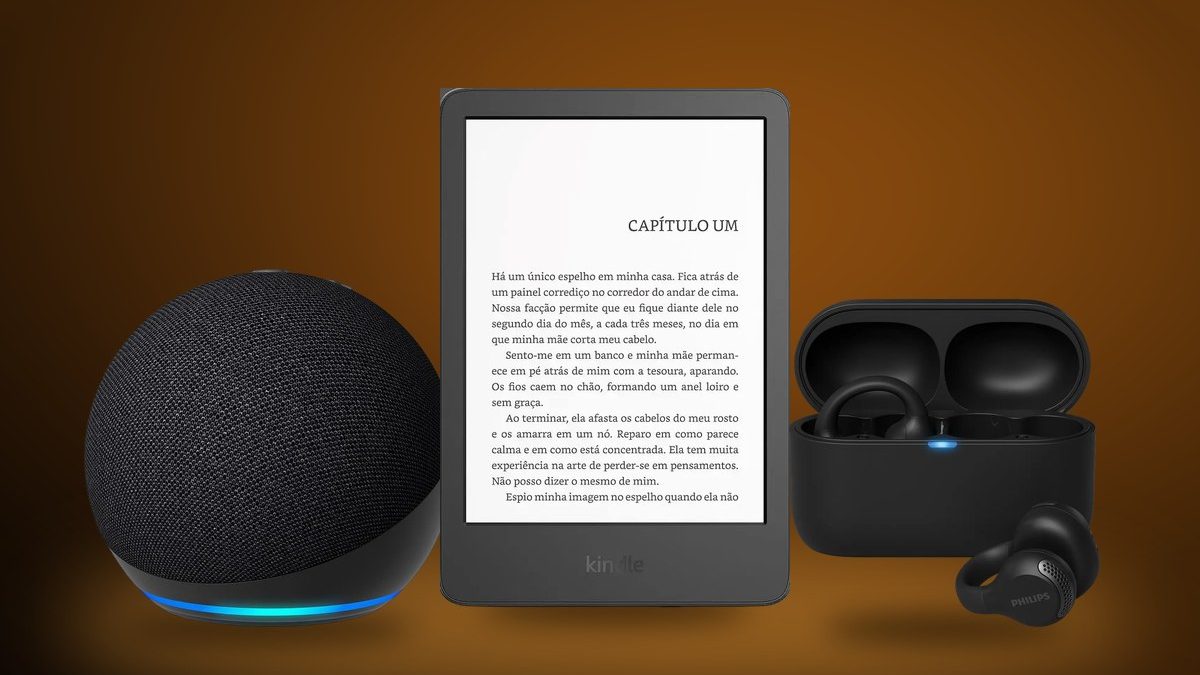 Echo Dot, Kindle e fone Philips aberto representando Music Unlimited, Kindle Unlimited e Audible