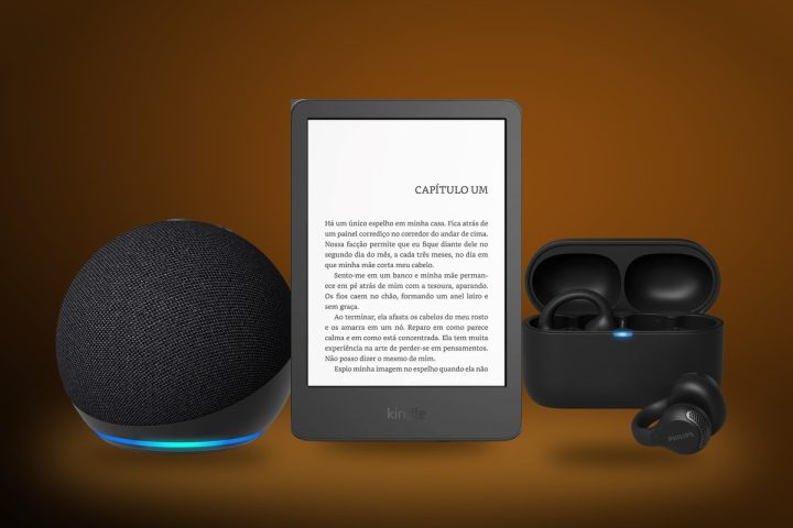 Echo Dot, Kindle e fone Philips aberto representando Music Unlimited, Kindle Unlimited e Audible