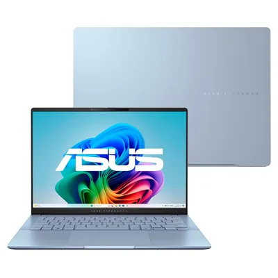 ASUS Vivobook S 14 OLED azul-claro aberto, com a tampa ao fundo