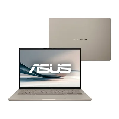 ASUS Zenbook A14 bege aberto, com a tampa ao fundo