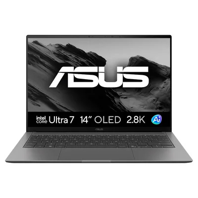 ASUS Zenbook S14 cinza aberto, com a tela OLED mostrando o logotipo da ASUS