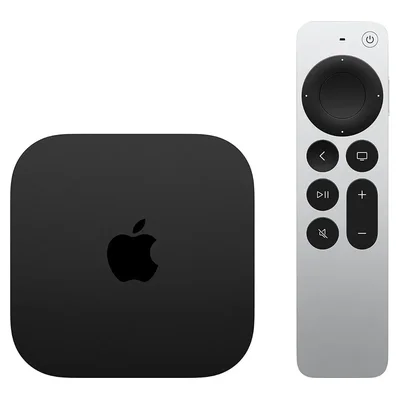 Apple TV 4K de 3ª geração preta com o Siri Remote prateado