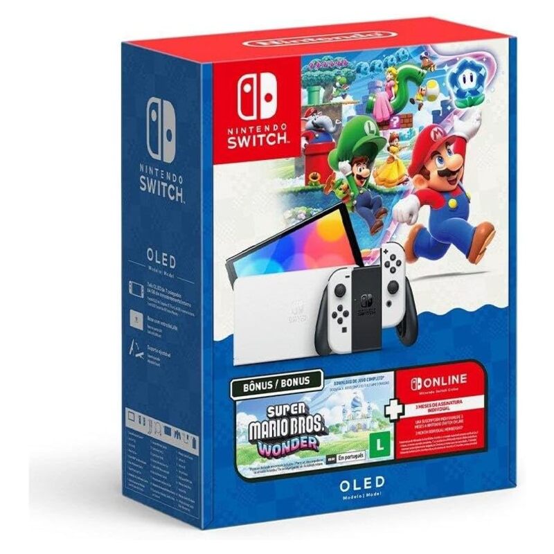 Caixa do Nintendo Switch OLED com Super Mario Bros. Wonder e 3 meses de Nintendo Switch Online