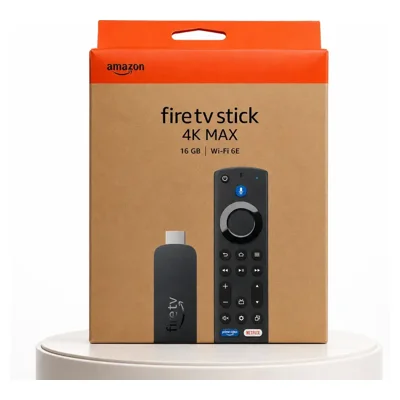 Caixa do Fire TV Stick 4K Max de 16 GB e Wi-Fi 6E com o stick e o controle