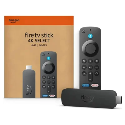 Caixa do Fire TV Stick 4K Select com o stick e o controle remoto com Alexa