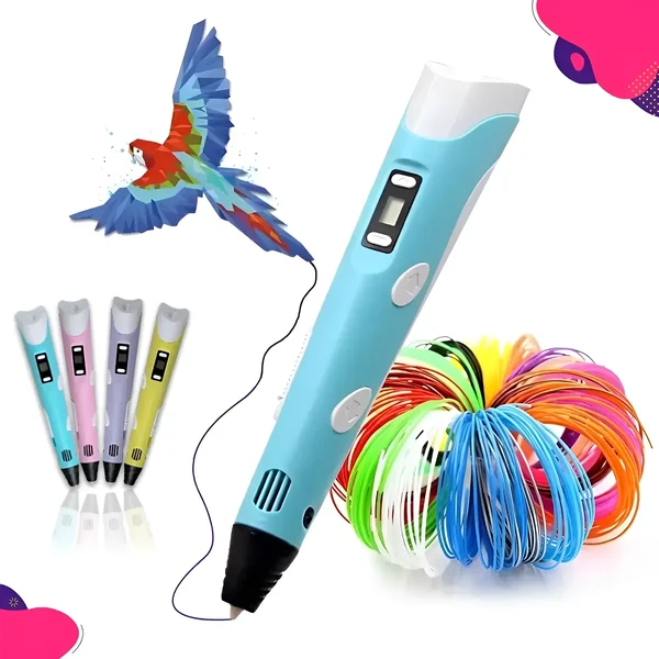 Caneta 3D azul e branca com visor digital, ao lado de rolos de filamento coloridos e de outras quatro canetas