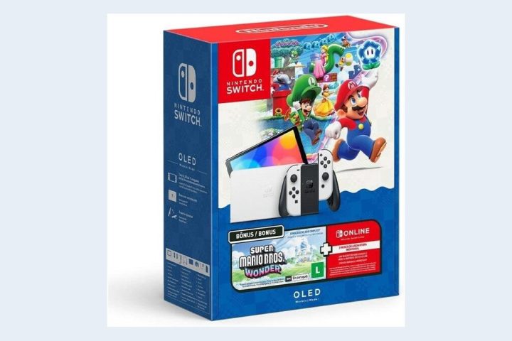 Caixa do Nintendo Switch OLED com Super Mario Bros. Wonder e 3 meses de Nintendo Switch Online