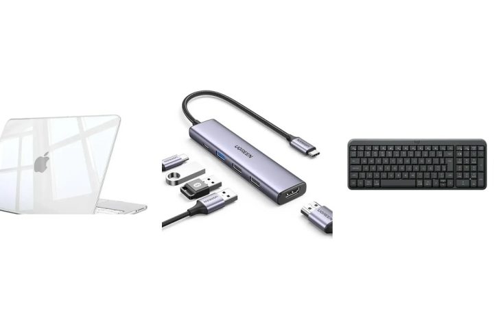 Capa transparente para MacBook Neo, hub USB-C Ugreen com HDMI e combo de teclado e mouse Logitech MK250 lado a lado