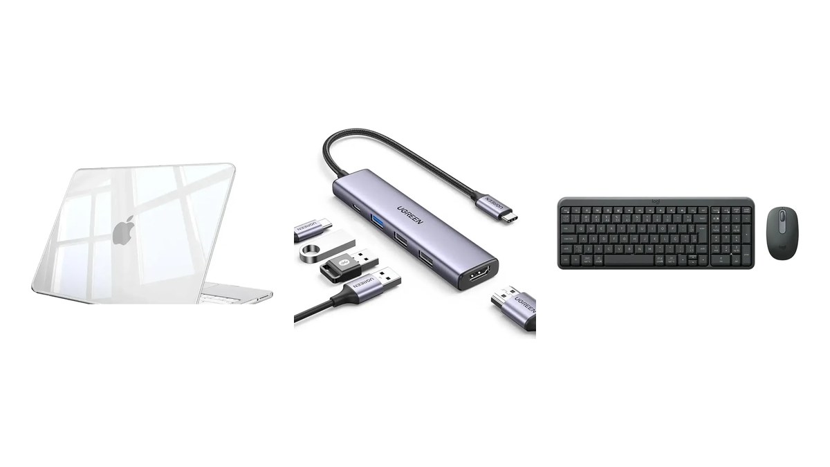 Capa transparente para MacBook Neo, hub USB-C Ugreen com HDMI e combo de teclado e mouse Logitech MK250 lado a lado