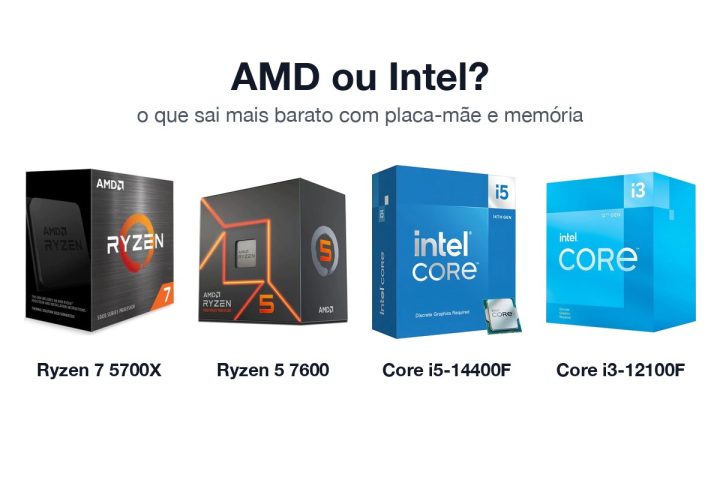 Caixas dos processadores Ryzen 7 5700X, Ryzen 5 7600, Core i5-14400F e Core i3-12100F lado a lado, com o texto AMD ou Intel