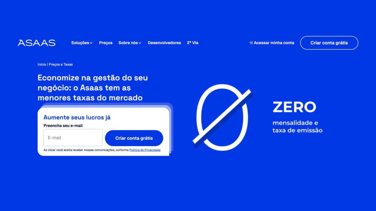 Página de preços e taxas do Asaas: zero mensalidade e taxa de emissão