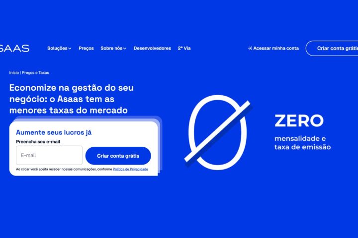Página de preços e taxas do Asaas: zero mensalidade e taxa de emissão