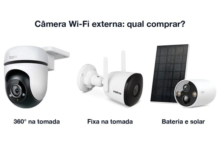 Câmeras Tapo C500, Intelbras iM5 SC e Tapo C425 com painel solar lado a lado, com o texto Câmera Wi-Fi externa: qual comprar?