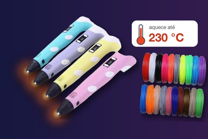 Quatro canetas 3D coloridas com brilho laranja nas pontas, rolos de filamento coloridos e um selo dizendo que a caneta aquece até 230 °C