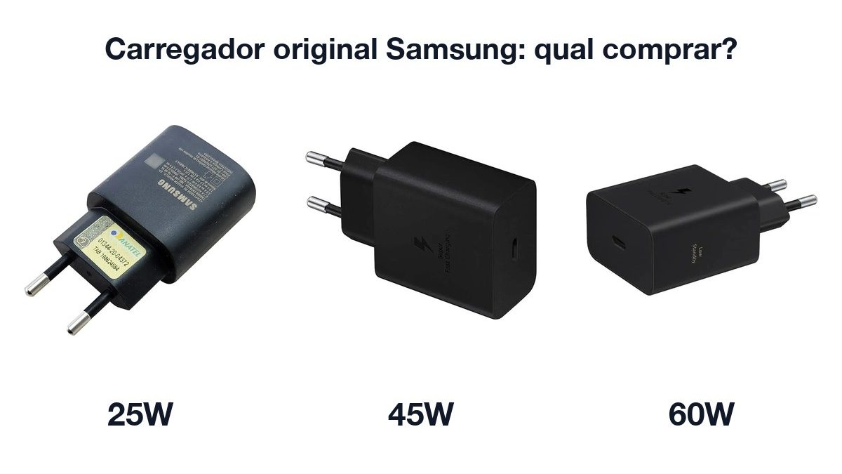 Carregadores originais Samsung de 25W, 45W e 60W lado a lado, com o texto Carregador original Samsung: qual comprar