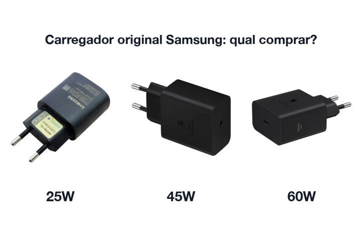 Carregadores originais Samsung de 25W, 45W e 60W lado a lado, com o texto Carregador original Samsung: qual comprar