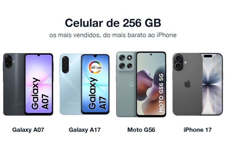 Galaxy A07, Galaxy A17, Moto G56 e iPhone 17, celulares de 256 GB mais vendidos