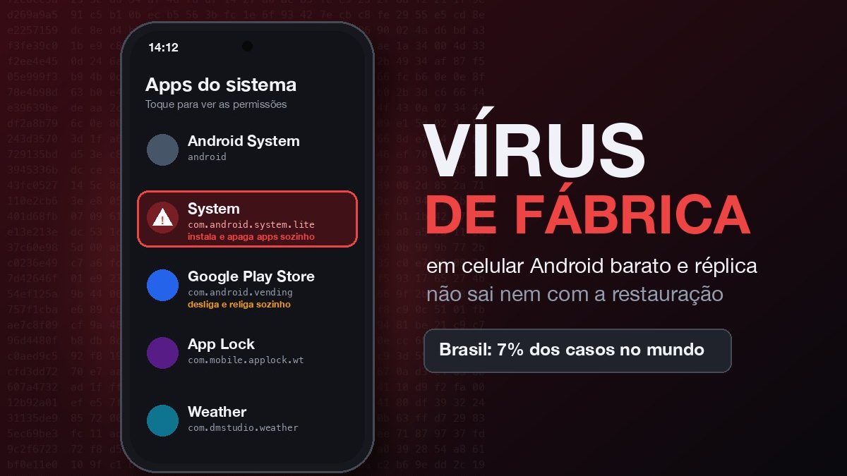 Ilustração de um celular na tela de apps do sistema com o app System, com.android.system.lite, destacado em vermelho, ao lado do texto vírus de fábrica
