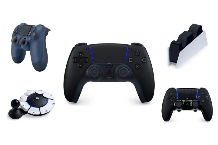 Controle DualSense preto ao centro, com DualShock 4, base de carregamento, Controle Access e DualSense Edge