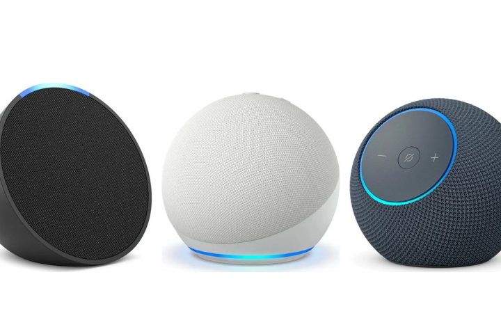 Echo Pop preto, Echo Dot 5ª geração branco e Echo Dot Max grafite lado a lado
