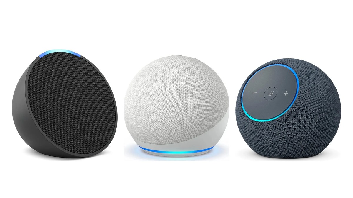 Echo Pop preto, Echo Dot 5ª geração branco e Echo Dot Max grafite lado a lado