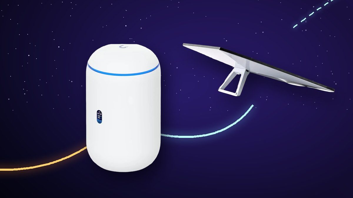 UniFi Dream Router 7 recebendo a linha da fibra e o feixe da antena Starlink