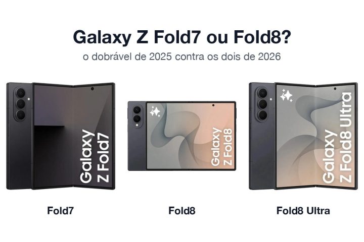 Samsung Galaxy Z Fold7, Galaxy Z Fold8 e Galaxy Z Fold8 Ultra abertos, lado a lado