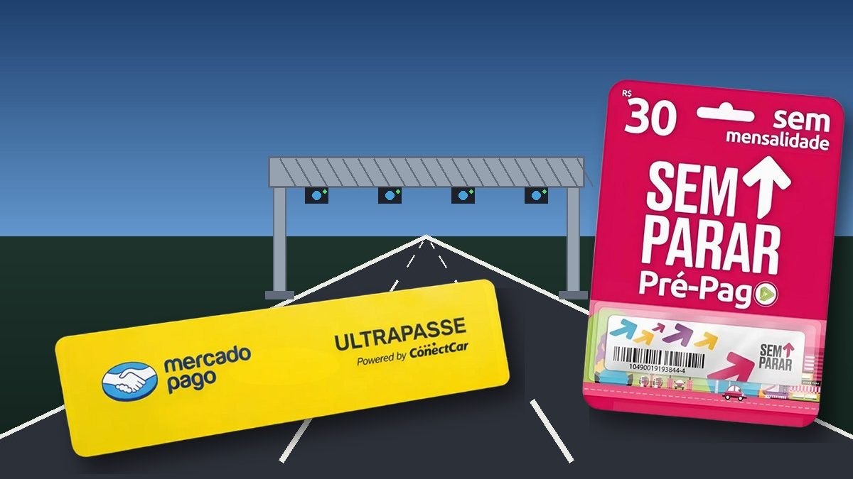 Tag Ultrapasse amarela do Mercado Pago e kit Sem Parar Pré-Pago rosa na frente de um pórtico de pedágio free flow desenhado sobre a estrada