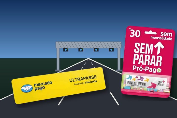 Tag Ultrapasse amarela do Mercado Pago e kit Sem Parar Pré-Pago rosa na frente de um pórtico de pedágio free flow desenhado sobre a estrada
