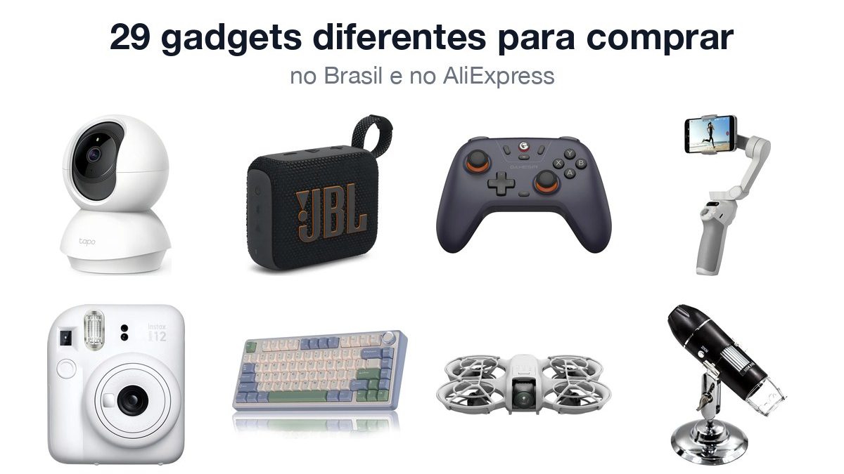 Câmera Tapo, caixa JBL Go 4, controle GameSir, estabilizador DJI, Instax, teclado Aula F75, drone DJI Neo e microscópio USB