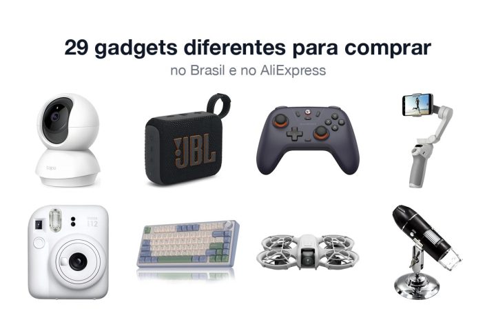 Câmera Tapo, caixa JBL Go 4, controle GameSir, estabilizador DJI, Instax, teclado Aula F75, drone DJI Neo e microscópio USB