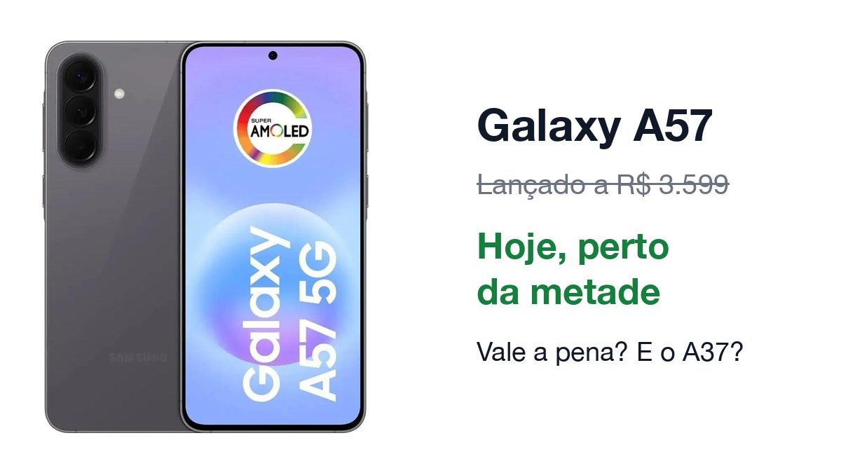 Samsung Galaxy A57 5G cinza, de frente e de costas, com o texto lançado a R$ 3.599, hoje perto da metade