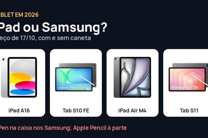 iPad A16, Galaxy Tab S10 FE, iPad Air M4 e Galaxy Tab S11 lado a lado com o título iPad ou Samsung