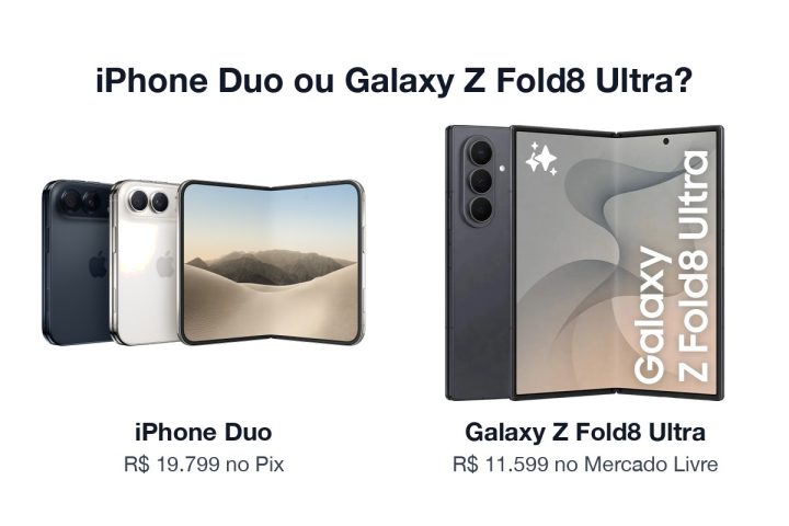 iPhone Duo e Galaxy Z Fold8 Ultra lado a lado, com os preços R$ 19.799 no Pix e R$ 11.599 no Mercado Livre