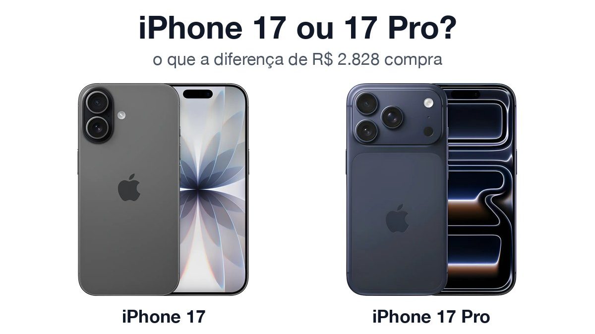 Apple iPhone 17 preto e iPhone 17 Pro azul-profundo lado a lado